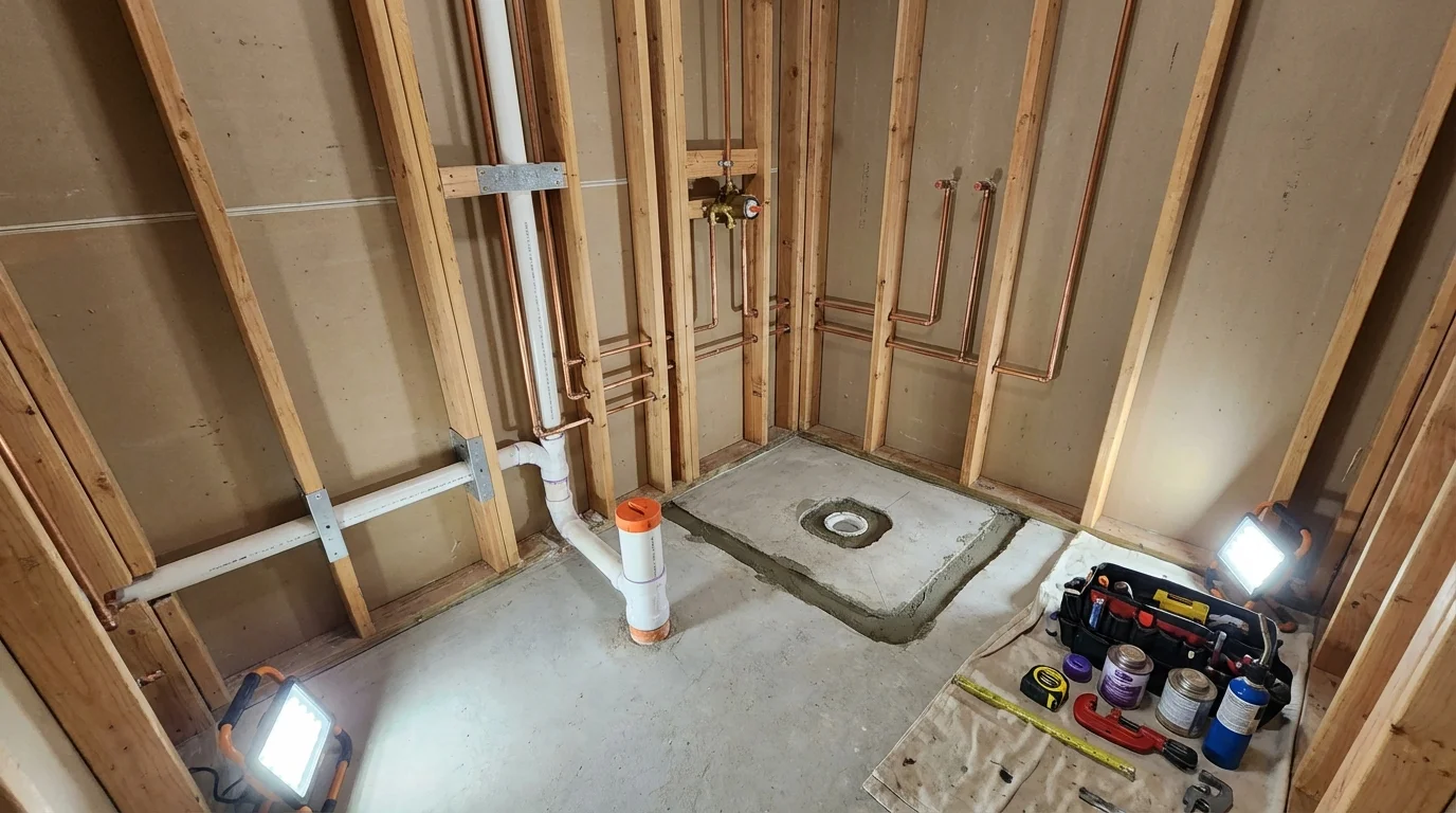 Bathroom rough-in plumbing during remodel by Johns Plumbing LLC in Beacon