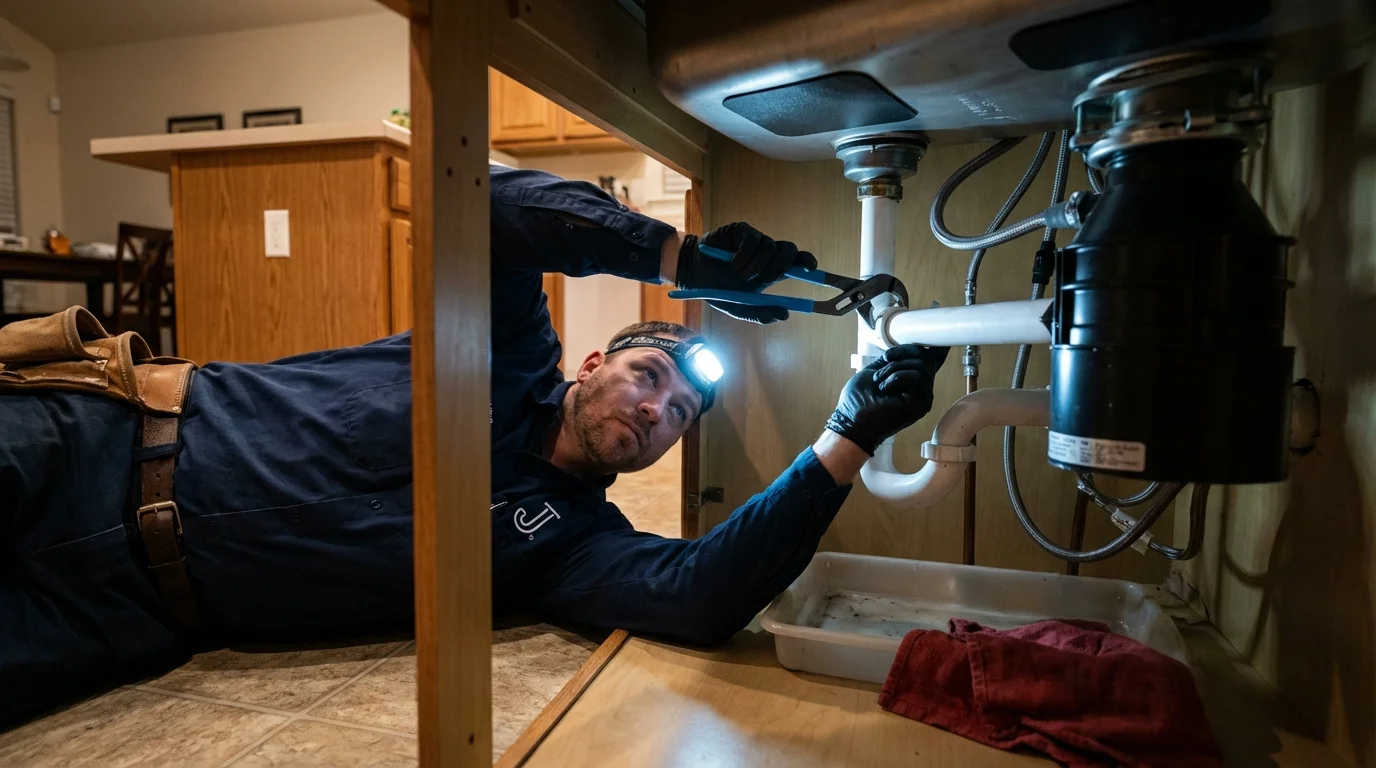 P-trap and supply line connections under a kitchen sink showing a common leak point in Beacon, NY